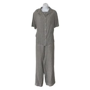B5 Auth EILEEN FISHER Gray/Black Tan Check Linen Shirt Top Pants 3 Pc Set Size L